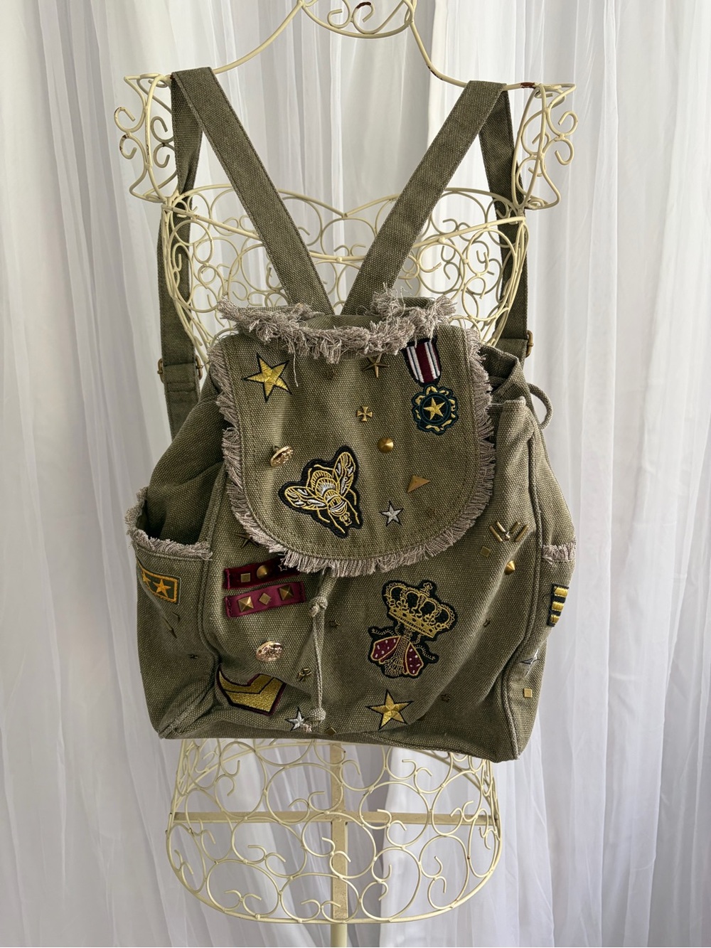 Steve Madden Olive Green Embroidered Canvas Backpack